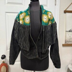 Vintage Black Fringe Jacket with Floral Embroidery